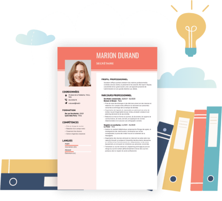 Modèle De CV Rose Et Blanc Devant Une Pile De Classeurs Surmonté De Dessins De Nuages Et Dune Ampoule éclairée